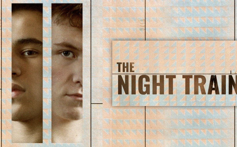 The Night Train movie artwork featuring two young men separated by vertical panels, promoting Jerry Carlsson's award-winning LGBTQ romantic short film.