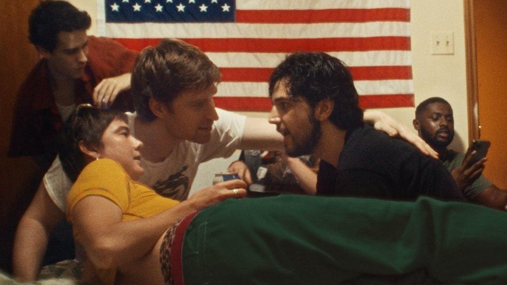 Ben and Jordan with friends in Austin in the queer comedy Rent Free