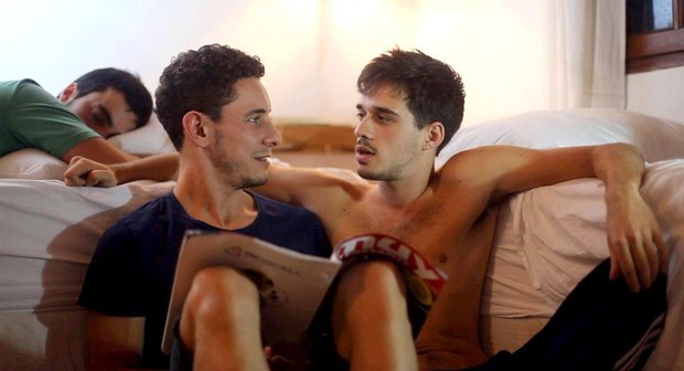 Fernando and Germán share an intimate moment in the gay romance Taekwondo, now streaming on Dekkoo