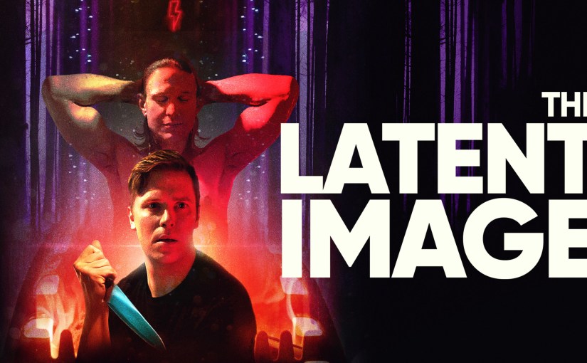 The Latent Image gay horror movie featuring two men in a dark forest, with one holding a knife