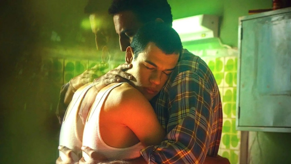 Wellington and Ronaldo embrace in BABY, the Brazilian gay drama streaming on Dekkoo