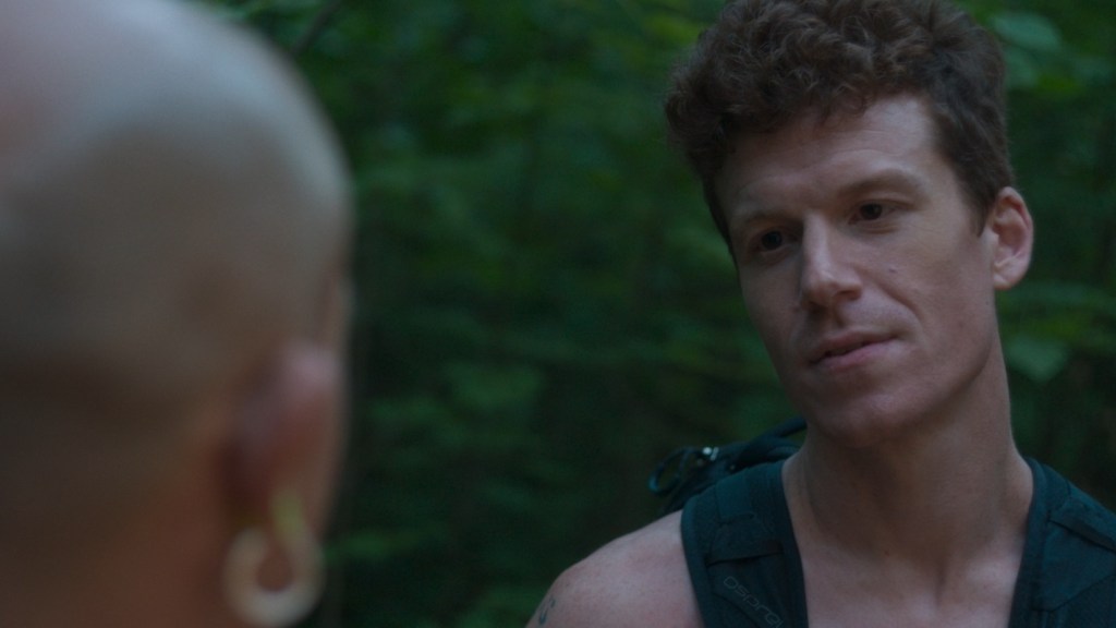 Birder queer thriller showing two men confronting each other in the woods