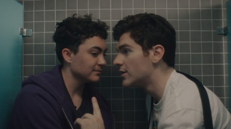 Leo and Kai share an intimate moment together in a bathroom in the gay short film LEO.