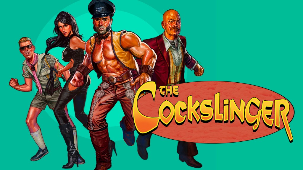 The Cockslinger gay comedy movie artwork featuring the Cockslinger and characters from the film, now streaming on Dekkoo.